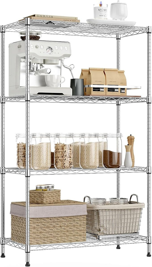 IZEUK 4-Tier Heavy Duty Steel Storage Shelves, Metal Shelf Wire Shelving Rack for Pantry, Kitchen, Home, or Office Organization (29.5" W x 13.7" D x 47.2" H, 1000LBS, Chrome)