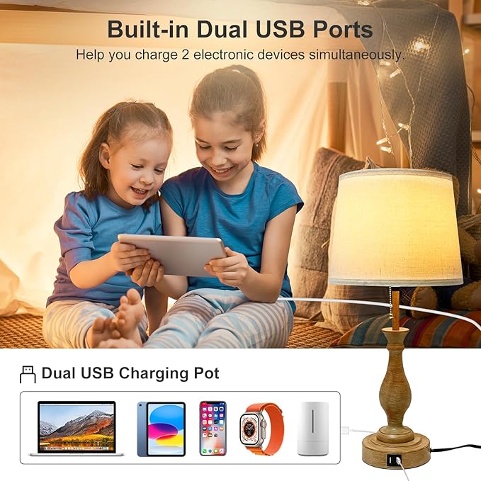 Farmhouse Table Lamp 3-Way Dimmable Table Lamp, Modern Nightstand Lamp with 2 USB Port Pull Chain Bedside Desk Lamp with Fabric Shade for Living Room Bedroom Hotel (Pack 1-Beige Shade & Pull Chain)