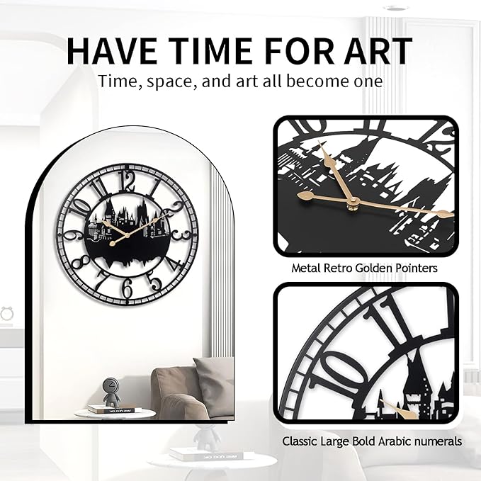 Wall Clocks for Living Room, Metal Black Castle with Metal Golden Retro Hands, Battery Operated Silent Non-Ticking Large Wall Clock for Bedroom Kitchen Living Room Home Decor,24x24Inch