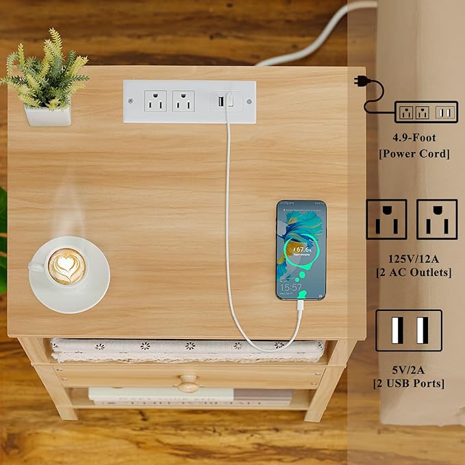 Lerliuo Nightstand with Charging Station and USB Ports, 3-Tier Storage End Table with Drawer Shelf, Night Stand for Small Spaces, Wood Bedside Table for Living Room, Bedroom - Natural Wood