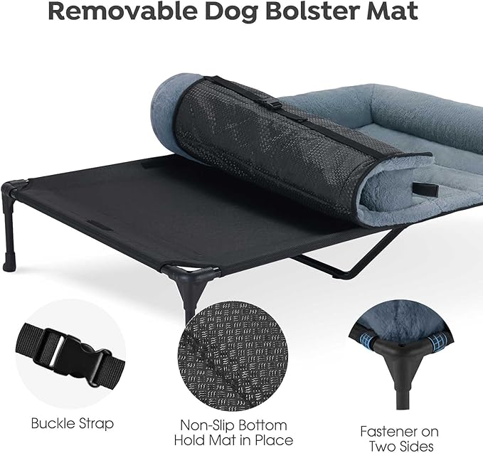 Veehoo Cooling Elevated Dog Bed with Fluffy Plush Bolster Cushion, Indoor Raised Dog Beds for Large Dogs, Soft Pet Sofa Cot with Removable Washable Mat, No-Slip Feet, 59 x 37 inches, Haze Blue