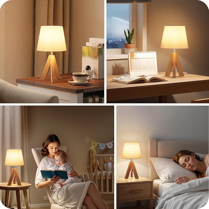 Wood Bedside Lamps Set of 2, Small Tripod Table Lamp, Modern Nightstand Lamp with Fabric Shade, Boho Bedside Wood Desk Lamp for Bedroom, Kids Room, Living Room, Study, White W51TLP205