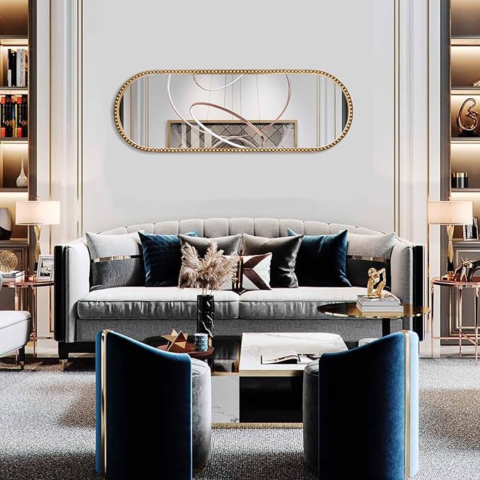 Oval Full Length Mirror, 16"x47" Metal Beaded Frame Large Hanging Dressing Floor Mirror for Bedroom, Living Room, Entryway, Antique Gold (No Stand)