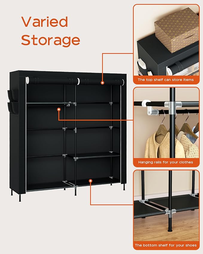 Portable Closet, 61.8 Inch Large Capacity Wardrobe Closet with Cover, Clothes Storage Organizer with Shelves and 2 Hanging Rods, Easy to Assembly, Black PCT222B01