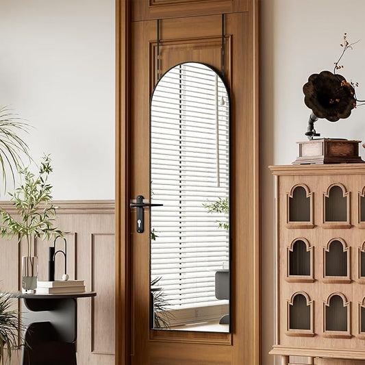 BEAUTYPEAK 14" x 48" Adjustable Height Over The Door Mirror, Arch Full Length Hanging Door Mirror with Shatterproof Tempered Glass Aluminum Alloy Frame for Bedroom, Living Room, Bathroom, Dorm, Black