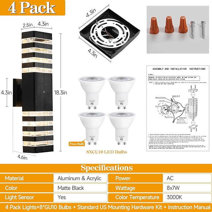 18.3 Inches Dusk to Dawn Outdoor Lighting,Up and Down Exterior Light Fixtures with 4 * 7W LED Bulbs,Waterproof Modern Long Outdoor Wall Light,Black Outdoor Porch Light for House 4 Packs