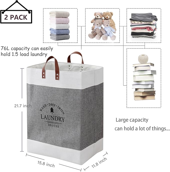 COMFY HOMI 2Pack 76L Laundry Basket & Hamper, Large Collapsible Waterproof Clothes Baskets with Handles, Freestanding Laundry Hampers for Bedroom Bathroom Dorm - 15.8x11.8x21.7 Inch - White/Grey