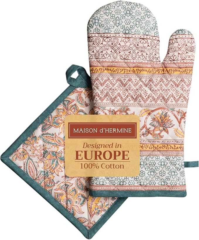 Maison d' Hermine 100% Cotton Oven Mitt & Pot Holder Set (7.5"x13" & 8"x8") Heat Resistant BBQ Cooking Gloves with Loop for Thanksgiving Christmas Decorations Handling Hot Pans (Nila)