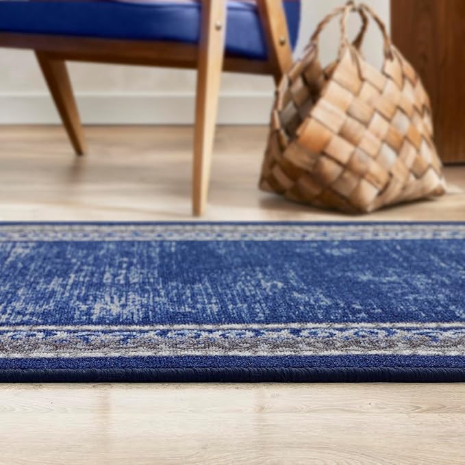 Antep Rugs Alfombras Bordered Modern 2x4 Non-Slip (Non-Skid) Low Pile Rubber Backing Kitchen Area Rug (Navy, 2'3" x 4')
