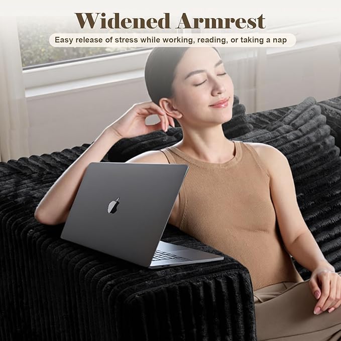 106'' Boneless Couches for Living Room, L Shaped Modular Sectional Sofa with Chaise Lounge, Faux Rabbit Fur & Layered Cushion Deep Seat Cloud Couch, No Assembly (Black, 130 U Shaped)