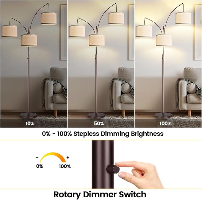 Dimmable Floor Lamp - 3 Lights Arc Floor Lamps for Living Room, 1000LM Modern Tall Standing Lamp With Beige Shades, Mid Century Tree Floor Lamp for Bedroom Office, 3 LED Bulbs Included - Brown