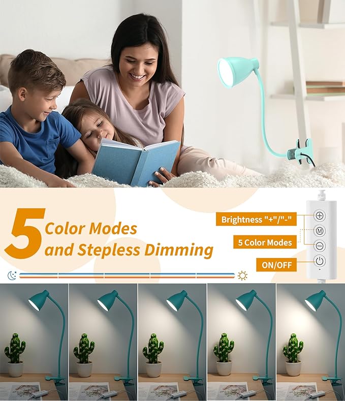 BOHON Desk Lamp with Clamp, 10W 38 LED Clip on Light, 5 Color 10 Brightness Auto Off Timer, Flexible Gooseneck Clip Lamp, Desk Lights for Office Home Bed Bedside Reading, Adapter Include, Teal