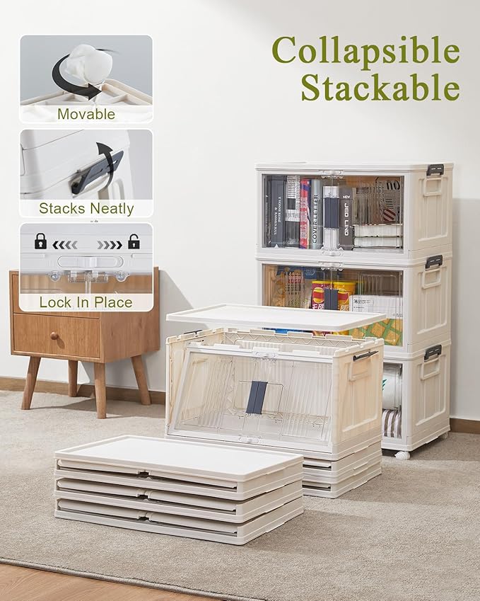 OlarHike 48QT Stackable Storage Bins with Lids - Folding Storage Box with Doors and Wheels, Collapsible Plastic Storage Bins for Closets, Home Organization, 3 Pack Cubes (Warm Gray)