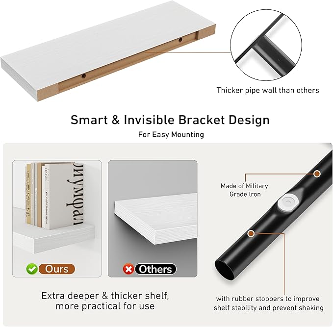 Fun Memories 32Inch Floating Shelves, 9.3Inch Deep Rustic Wall Shelves - Extra Deeper & Thicker Wall Mounted Storage Shelf for Kitchen, Farmhouse - Set of 2 - Rustic White