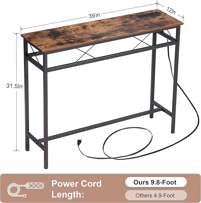 VECELO 39.4In Narrow Sofa/Console Table with Charging Station & Power Outlet and USB Ports, for Entryway, Living Room, Office, Industrial, Metal Frame, Brown