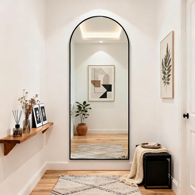 Full Length Mirror 56"x21" - Arched Floor Standing Body Mirror with Aluminum Frame,Leaning Hanging for Bedroom Cloakroom Living Room Black