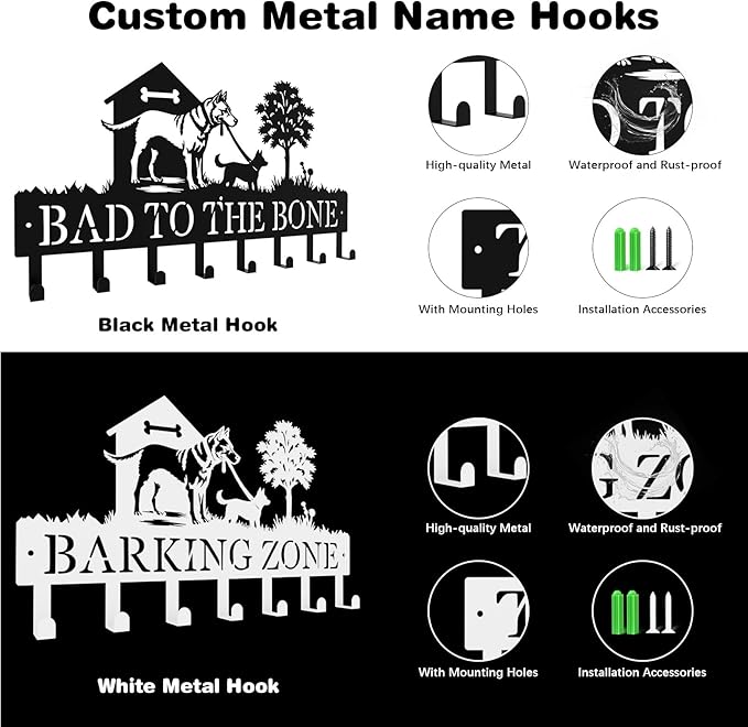 Custom Dog-Themed Key Hook Wall Decor,Personalized Engraved Metal Key Holder of Outdoor Doghouse&Daddy Dog and Puppy on Grass Design,Functional Key Hanger Wall Mount for Hallway