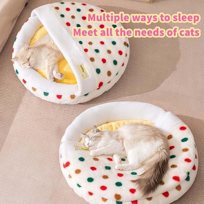 Plush Cat Bed for Indoor Cats，Calming Cozy Cave with Self-Warming，Cat Cave Pet Sleeping Bag for Puppy and Kitty，Shell Shaped Washable Pet Bed for Small Cats & Dogs (Yellow,M-23 x 23 x 4 in)