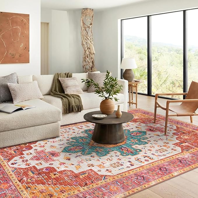 Moynesa Ultra-Thin Washable 10x14 Area Rugs for Bedroom, Pink Large Living Room Rug Non Slip, Medallion Oriental Indoor Floor Carpet for Dining Room Table Dorm Home Office Decor