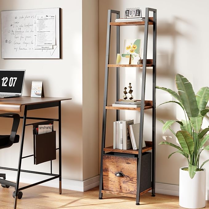 Furologee 5 Tier Narrow Ladder Shelf, Ladder Bookshelf with Drawer, Industrial Shelves Storage Rack Organizer,Skinny Display Shelving Units for Living Room,Bedroom, Kitchen,Rustic Brown