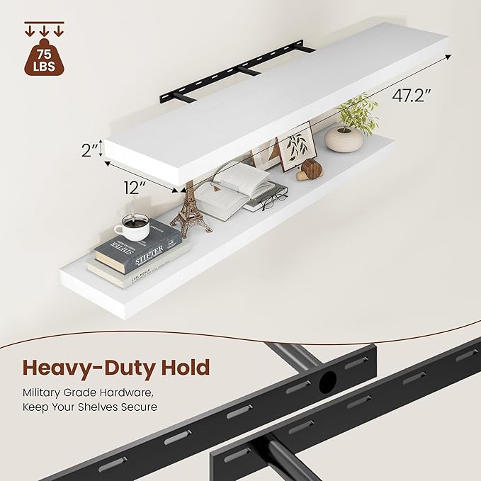 Vivelove 2" Thick Floating Shelves, 47.2 Inch X 12 Deep Shelves for Room Wall Mounted, Floating Shelf for Living Room Bedroom Bathroom Kitchen Laundry Room, Set of 2 White