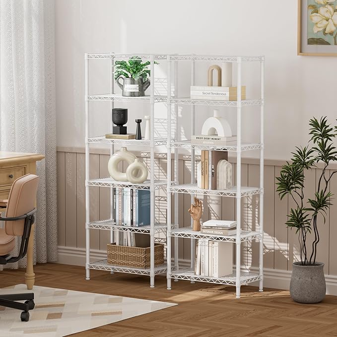 SINGAYE 6 Tier Shelf Adjustable Storage Wire Shelving Unit Metal Shelves Standing Closet Bathroom Organizers Pantry Kitchen Garage Laundry Room Organization Home Rack 12" D X 22" W X 69.5" H White