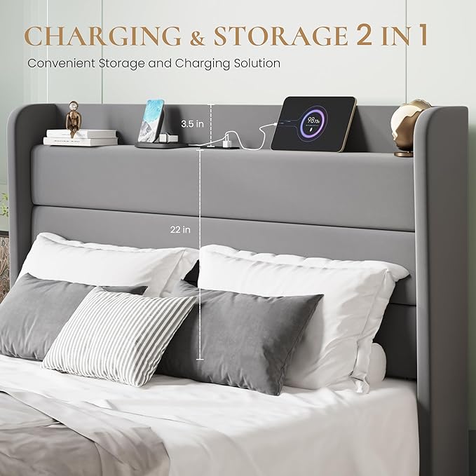 SHA CERLIN Queen Bed Frame with Charging Station, Velvet Upholstered Platform Bed, Wingback Storage Headboard, Type-C & USB Ports, Strong Wooden Slats, No Box Spring Needed, Easy Assembly, Grey