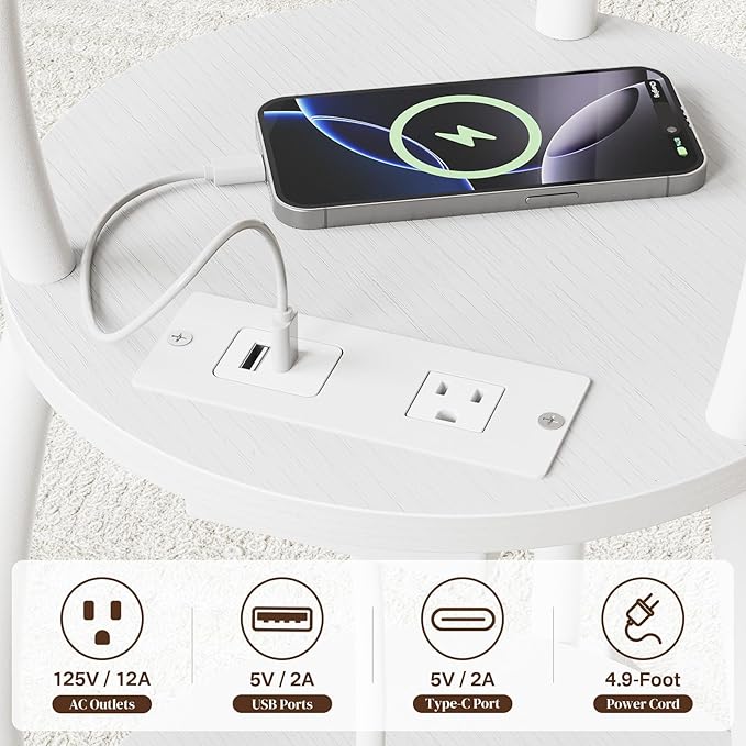 Round Side Table with Power Outlet & USB Ports, 3-Tier End Table with Storage Shelf, Modern Rustic Nightstand, Small Spaces Accent Table for Living Room Bedroom, Easy Assembly, White