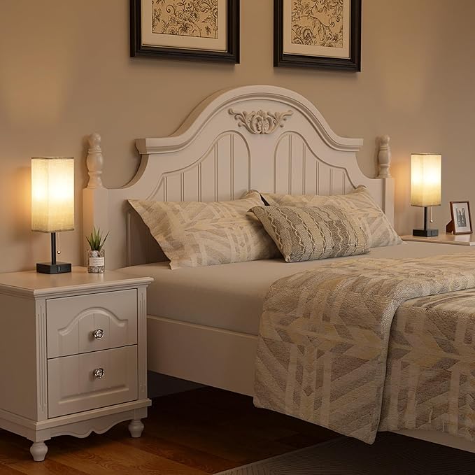 Bedside Table Lamps Set of 2 - Gray Bedroom Lamps with 3 Color Temperatures (3000K/5000K/4000K), Square Nightstand Light with USB C + A Charging Ports, Pull Chain Small Night Light