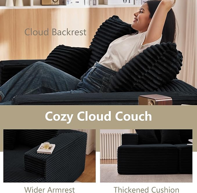 140" Sectional Cloud Couch for Living Room, Stupendous U Shaped Sofas, Modular Floor Deep-Seat Sofa, Big Comfy Corduroy Couches Set with Fluffy Memory Foam, No Assembly Required, Black