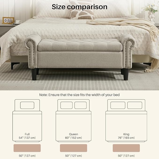 Storage Bench, 50" Queen End of Bed Bench, Linen Tufted Button Upholstered Bedroom Bench, Storage Ottoman with Rolled Arms, Window Bench with Storage, for Living Room, Entryway Light Brown