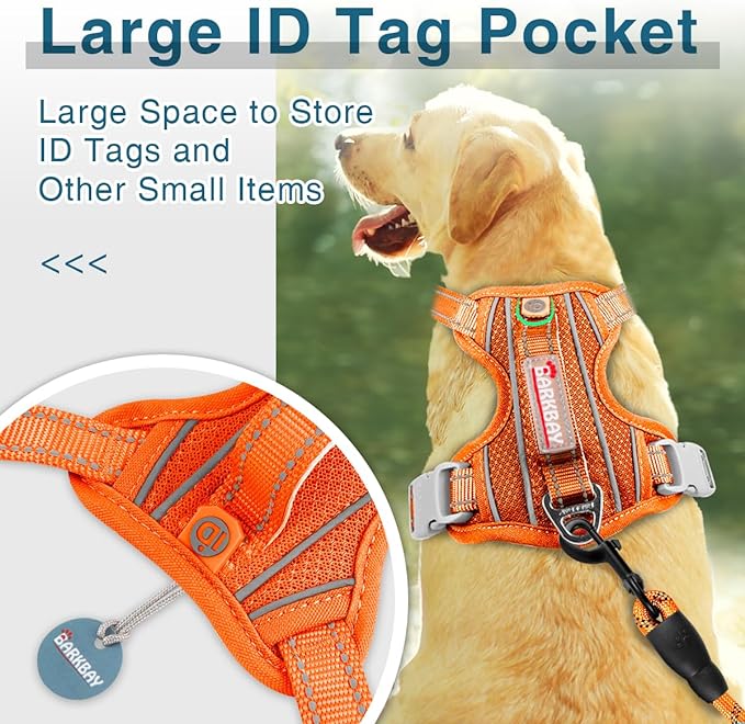 BARKBAY Dog Harness No Pull with ID Tag Pocket - Heavy Duty, Reflective, Easy Control for Large Dogs(Orange,L)