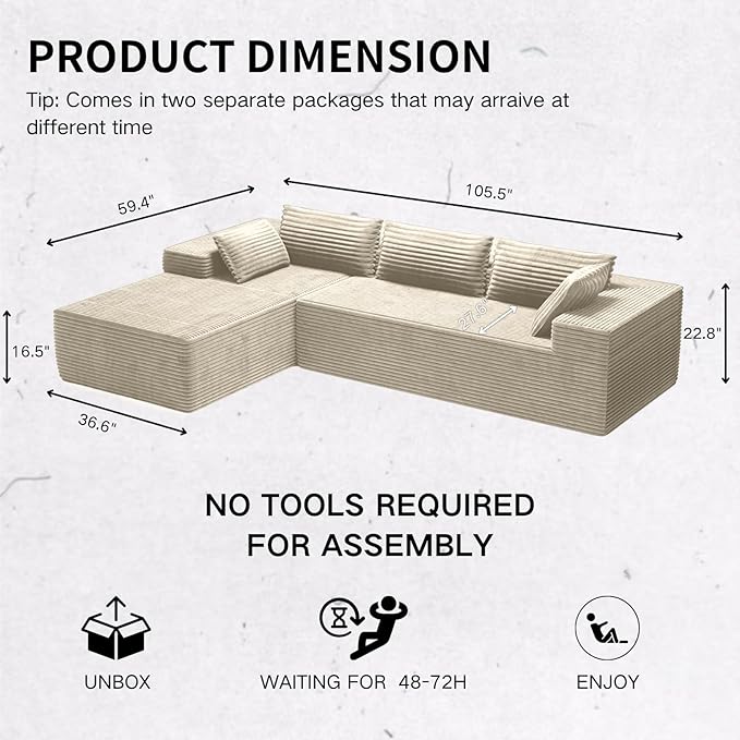 105.5" Modular Sectional Sofa L-Shape, Modular Cloud Sofa with Deep Seat for Living Room Bedroom, Upholstered Couches No Assembly Required (Beige Left Facing Chaise)