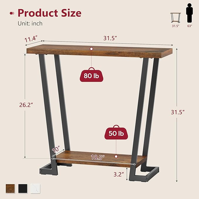 Tajsoon 2 Tier Narrow Console Table Rustic, 31.5'' Industrail Entryway Table with Storage, Thin Sofa Table with Gemometric Frame for Hallway, Living Room, Foyer, Entrance, Rustic Brown
