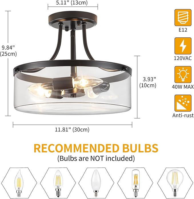 11.81" Black Semi Flush Mount Ceiling Light, Modern Glass Light Fixture, Industrial Hallway Light, 3-Light Close to Ceiling Light Fixtures for Entryway Bedroom Kitchen Laundry Dining Room, UL Listed