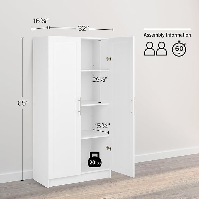 Prepac Elite 65" Tall Storage Cabinet with Panel Doors, Double Door Wood Kitchen Pantry, Dining Room Cupboard with 2 Adjustable and 1 Fixed Shelf, Free Standing Living Room Accent Cabinet, White