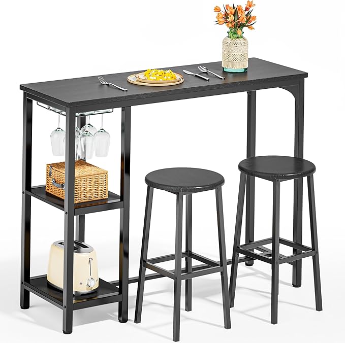 Small Bar Table Set for 2, Bar Table and Chairs Set for 2, Kitchen Table for 2 with 2 Storage Shelves & Wine Glass Holder, Dining Table for Small Apartment, Dining Room, Black