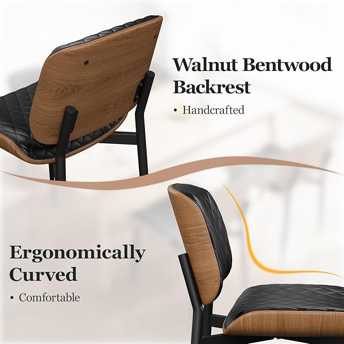 Dining Chairs Set of 8, Mid-Century Modern Upholstered PU Leather Chairs with Walnut Back and Metal Legs Adjustable Feet for Kitchen Dining Room, Black Diamond Plaid