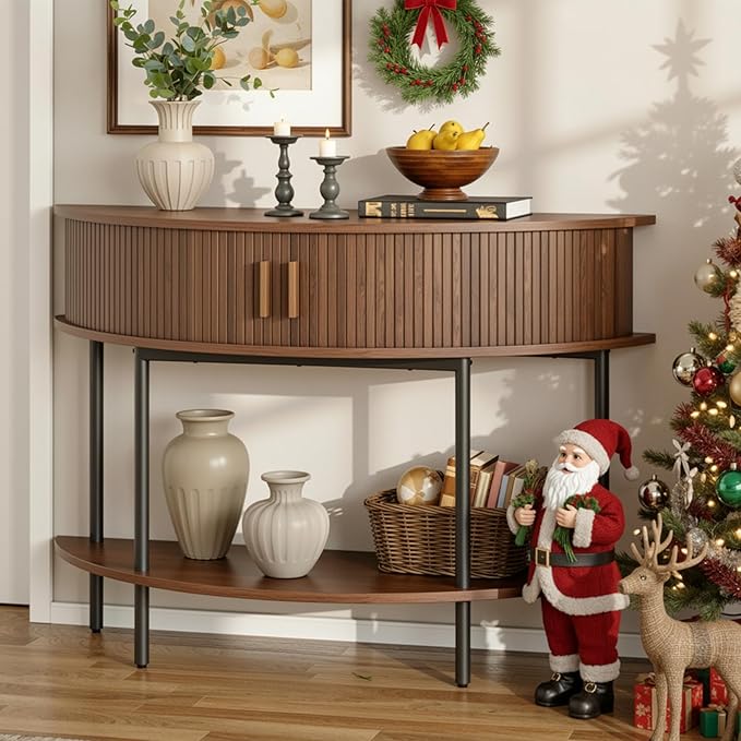 ONBRILL Half Moon Fluted Console Table, Entryway Table with Storage, Mid-Century Modern Sofa Tables, Behind Couch Tables, for Entryway, Hallway, Living Room, Small Spaces, Walnut