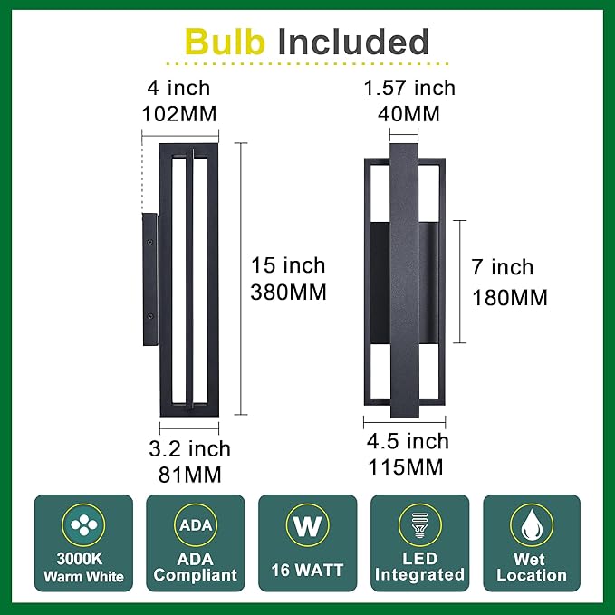 2 Pack Dimmable LED Wall Light, 110V, CRI 90+,IP65 Waterproof, 10%-100% Dimmable for Commercial Outdoor, 15 Inch Sleek Modern Porch Light for Patio, Front Door or Garage, 1500LM 3000K