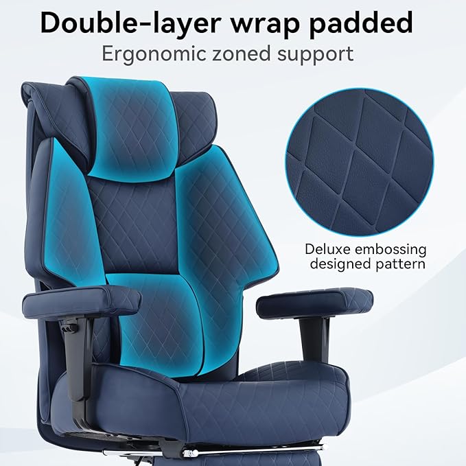 Big and Tall Office Chair with Footrest, PU Leather High Back Executive Office Chair 400lbs, Ergonomic Computer Chairs Lumbar Support for Heavy People (Blue)