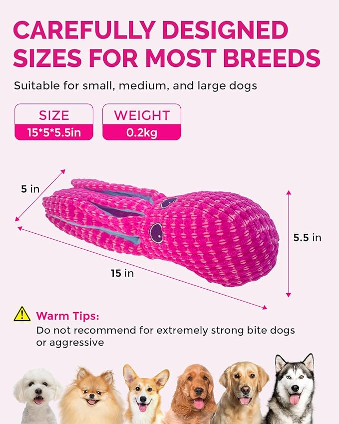 Squeaky Dog Toys for Large Dogs - Durable Dog Toys for Aggressive Chewers to Keep Them Busy - Interactive Plush Chew Toy with Squeaker & Crinkle Paper for Training Reward & Gift - Pink