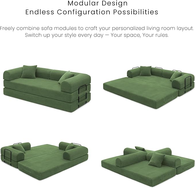 Compression Sofa - 79'' Convertible Sofa Bed, Boneless Couch in a Box, Modular Corduroy Foldable Sleeper Sofa with 2 Pillows, Loveseat Couches for Living Room (Corduroy Fabric, Dark Green)