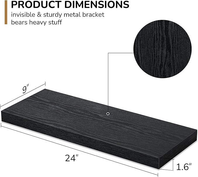 Fun Memories Floating Shelves - 2 Pack 9 Inch Rustic Wooden Wall Shelves - Extra Deeper & Thicker Wall Mounted Storage Shelf for Living Room, Kitchen, Farmhouse - 24" W x 9" D x 1.6" H - Rustic Black