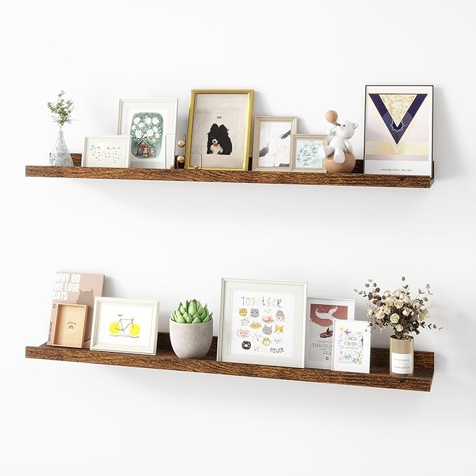 Picture Ledge Shelf, Wood Floating Shelves Set of 2, 36 inch Picture Ledge Shelves, Photo Ledge Nursery Book Shelves Wall Mounted for Living Room Kids' Room Bedroom, Color Brown