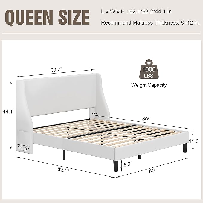 VECELO Queen Bed Frame with Upholstered Wingback Headboard, Heavy-Duty Platform Bedframe with Charging Station, Wooden Slats, No Box Spring Needed, White
