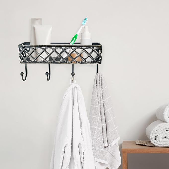 Celtic Knot Key Holder Wall Shelf - Entryway Wall Mounted Organizer with 4 Hooks, Metal Storage for Keys, Wallets, Bags, Hats (Antique Black)