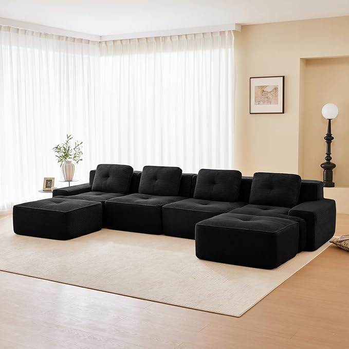 150" Modern Compressed Boneless Couch with Ottoman, 4 Seater Large U Shaped Sectional Couches for Living Room, Black Corduroy Cloud Modular Sectional Sofa, Memory Foam, Extra Deep, No Assembly
