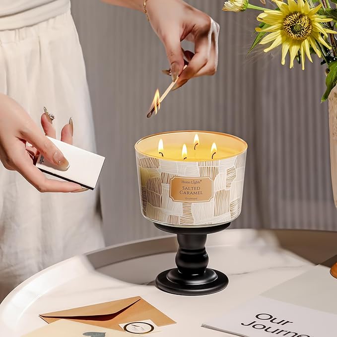 HomeLights Soy Wax Candles for Home Scented, 4-Wick Candles in Salted Caramel Scented, Rustic Modern Aromatherapy Candles Gift for Parties, Relaxing, 18oz