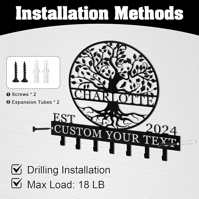 Personalized Metal Key Holder Wall Mount, Custom Name Tree of Life Key Holder for Wall, Key Organizer Rack with Hooks, Home Decor for Living Room Entryway Bathroom Kitchen, Housewarming Gifts Color03